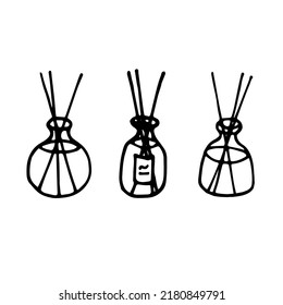 Aroma diffuser bottles set with sticks doodle vector illustration isolated on white background. Home aromatherapy