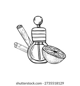 Aroma diffuser decorated cinnamon sticks, halved orange fruit line art black ink sketch. Glass vial with aromatic essential oil or liquid perfume vector isolated illustration. Home decor, cosmetic.