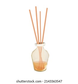 Aroma diffuser, glass bottle with bamboo sticks for home in cartoon style isolated on a white background. Vector illustration in pink powder color, icon.