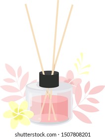 Aroma diffuser. Glass jar with aroma sticks with flowers and plants. Isolated vector illustration