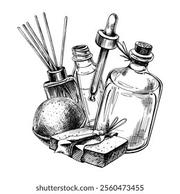 Difusor de aroma, frascos de vidrio, pipeta, jabón hecho a mano y bomba de baño. Ilustración gráfica línea de arte dibujado a mano en blanco y negro monocromo. Disposición, composición, sublimación