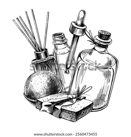 Aroma diffuser, glass jars, pipette, handmade soap and bath bomb. Graphic illustration line art hand drawn in black and white monochrome. Arrangement, composition, sublimation