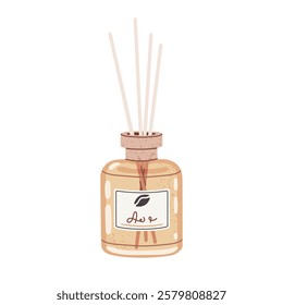 Aroma diffuser. Home fragrance aromatic diffuser with bamboo sticks, aromatherapy, home perfume liquids and essential oil flat vector illustration. Aroma diffuser glass jar