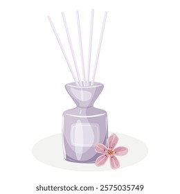 Aroma diffuser for the home in a glass bottle with sticks. Relaxation and aesthetic at home. Hygge element. Aromatherapy. Vector illustration