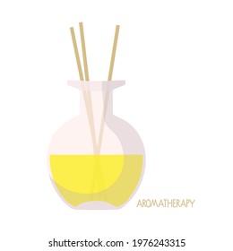 Aroma Diffuser isolated. Yellow liquid in glass bottle with reed sticks. Aromatherapy. Accessory for cozy home. Vector flat. interior decoration, oil perfume stick diffusers for freshening room.