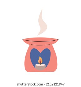 Aroma diffuser or lamp with burning candle inside, flat vector illustration isolated on white background. Aromatherapy and spa concepts. Burning essential oil for aromatic scent.