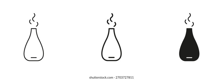 Difusor De Aroma Com Vapor Em Linha, Contorno E Conjunto De Ícones De Glifo. Coleção De Símbolos De Aromaterapia E Relaxamento. Dispensador De Óleo Essencial E Fragrância Doméstica. Ilustração de vetor isolada.