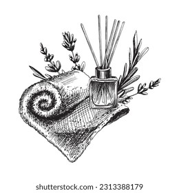 Aroma diffuser, towel with lavender flowers. Hand drawn illustration, EPS graphic vector. Isolated composition on a white background.