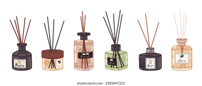 Aroma diffusers. Home perfume liquids and essential oils, interior fragrance aromatic diffusers with bamboo sticks, flat vector illustration. Aromatherapy diffuser glass jars on white