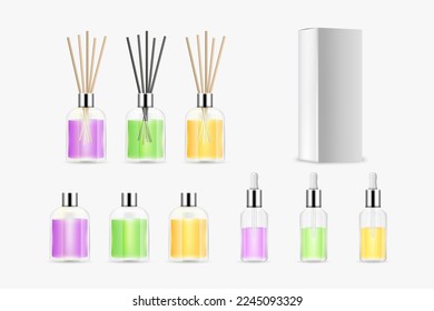 Aroma diffusers set with wooden sticks and bottles of oil essentials realistic mockup isolated. Aromatherapy evaporative tools for diffusing. Pleasant fragrance home device. Vector illustration