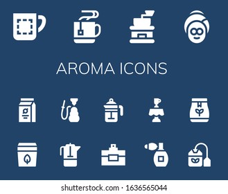 aroma icon set. 14 filled aroma icons. Included Mug, Coffee grinder, Spa, Tea bag, Beans, French press, Hookah, Perfume, Latte icons