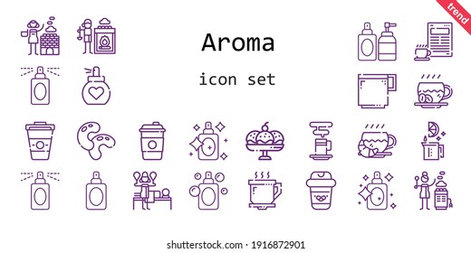 aroma icon set. line icon style. aroma related icons such as hot stones, coffee cup, coffee, lime, beans, massage, perfume, cup, 