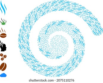 Aroma icon spiral curl collage. Aroma items are scattered into twirl design concept. Object twirl done from scattered aroma icons. Some other icons are added.