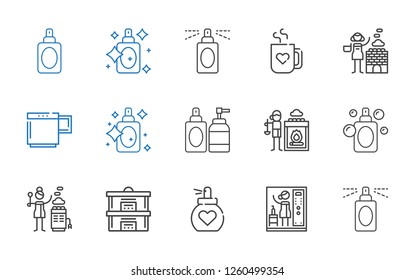 aroma icons set. Collection of aroma with perfume, steam, hot stones, mug. Editable and scalable aroma icons.