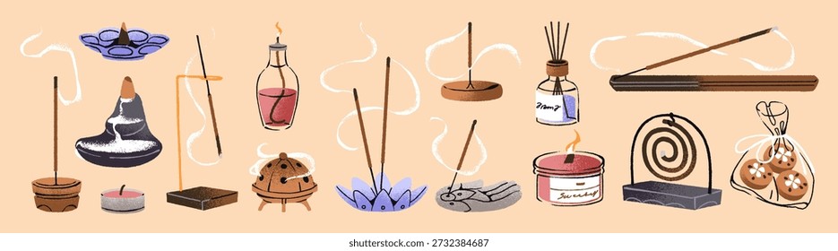 Conjunto de incienso de aroma. Diferentes palos ardientes con soportes y humo aromático. Velas con fragancias, difusores de perfume. Artículos para aromaterapia. Decoración interior. Ilustraciones vectoriales aisladas planas