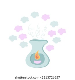 Aroma lamp with candle burning inside and essential oil with a delicious aroma and smell. Relaxation and aromatherapy. Spa. Diffuser for home fragrance. Isolated vector illustration.