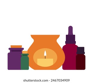 Aroma lamp. Ceramic lamp, candle, essential oil, drops. Aromatherapy, ultimate wellness, health care, sleeping well. Minimalist vector illustration, isolated on white.  