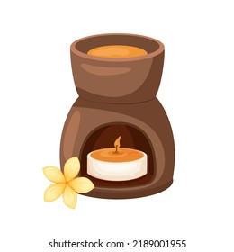 Aroma lamp with essential oil dropper. Ceramic incense burner with burning candle. Vector illustration element for spa, aromatherapy, relaxation, meditation, massage