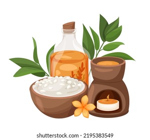 Aroma lamp with essential oil dropper. Ceramic incense burner with burning candle. Vector illustration element for spa, aromatherapy, relaxation, meditation, massage