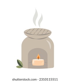 Aroma lamp and tea tree with burning candle.Vector illustration