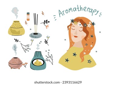 Aroma-Lampen, Kerzen und Aromatherapie-Werkzeuge. SPA, Körperpflege, Natur, Beauty-Konzept. Vektorgrafik