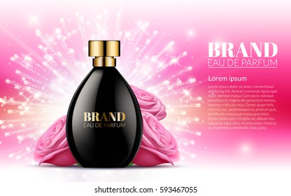 Aroma Líquido. Fragrância cosmética. Linda garrafa preta produtos de perfume feminino com flores rosa primavera no fundo de Bokeh luz borrada. Baner Template em seu texto. 3D Ilustração Vector.