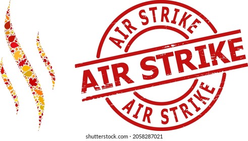 Aroma mosaic icon done for fall season, and Air Strike dirty stamp print. Vector aroma mosaic is composed from randomized autumn maple and oak leaves. Red stamp has Air Strike tag inside round form.