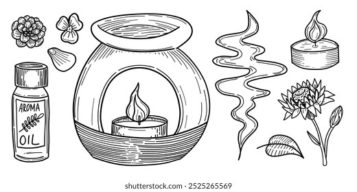 Aroma oil and diffuser doodle with soft floral elements. Suitable for wellness, spa, and scent-related concepts. Black and white line art with a calming vibe.