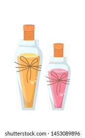 Aroma oil for massage flat vector illustration. Relaxation procedure attribute, body care, skincare accessory. Herbal extract in glass bottles with wooden corks. Spa salon, cosmetics shop products