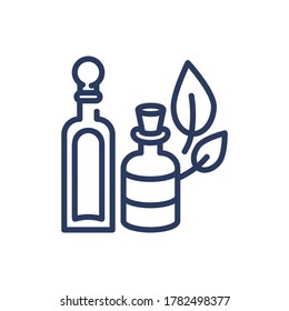 Aroma oils thin line icon. Bottles, flasks, herb isolated outline sign. Wellness, spa salon, aromatherapy concept. Vector illustration symbol element for web design and apps