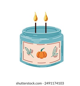 Vela de calabaza de aroma en un estilo plano de candelabro. Ambiente tranquilo y acogedor. Velas perfumadas en un frasco. Diseño para póster, Anuncio, postal, etiqueta engomada. Ilustración vectorial aislada sobre un fondo blanco.