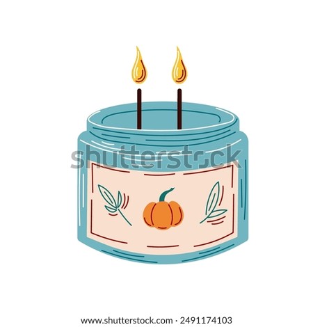 Aroma pumpkin candle in a candlestick flat style. Calm and cozy atmosphere. Scented candles in jar. Design for poster, banner, postcard, sticker. Vector illustration isolated on a white background.