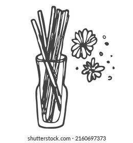 Aroma reed diffuser and flowers icon doodle illustration in vector. Hand drawn aroma reed diffuser in vector