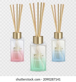 Aroma reed diffuser with wooden sticks. Home Fragrance. Vector format