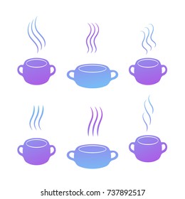 Aroma sign. Soup or double handle coffee cup collection. Scent concept. Hot steam. Restaurant mug icon set. Vector illustration for your design.
