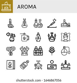 aroma simple icons set. Contains such icons as Aromatic candle, Incense, Scent, Essential oil, Massage, Perfume, Coffee mug, Parfume, Hookah, can be used for web, mobile and logo