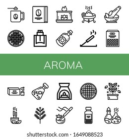 aroma simple icons set. Contains such icons as Coffee mug, Coffee beans, Cologne, Aromatic candle, Essential oil, Incense, Herb, Beans, Tea bag, can be used for web, mobile and logo