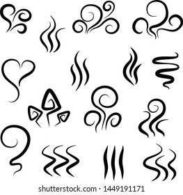 Aroma smell icon. Set of smoke vector icon. Smoke, steam, aroma, smell. Vector smoke smell spiral scent signs. Set of linear smoke elements illustration