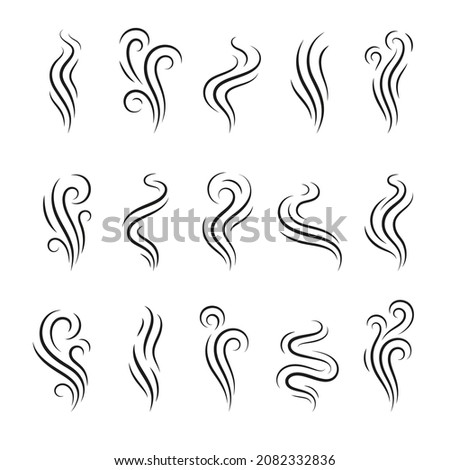 Aroma and smoke line stream. Warm steam, isolated heat symbols. Stink icons, lines vapour cigarette or food, hot drinks smells tidy vector collection