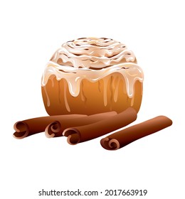 Aroma spicy and sugary glazed cake with cinnamon isolated on white background. Snail shaped bread, refreshment confectionery, cafe or restaurant vector illustration.
