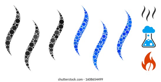 Aroma steam mosaic of spheric dots in variable sizes and shades, based on aroma steam icon. Vector random circles are composed into blue mosaic. Dotted aroma steam icon in usual and blue versions.