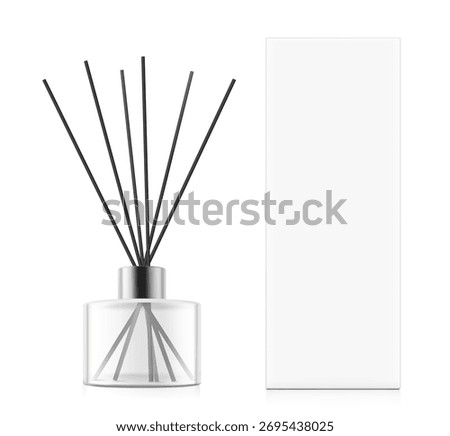 Aroma stick diffuser or reed diffuser with paperboard box mockup. High realistic. Vector illustration isolated on white background. Ready for use in presentation, promo, advertising and more. EPS10.