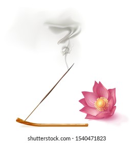 Aroma stick on incense burner with smoke and lotus on white background. Indian aromatherapy and meditation. Vector stock illustration.