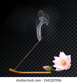 Aroma stick on incense burner with smoke and lotus flower bud on transparent background. Indian aromatherapy and meditation. Vector stock illustration.