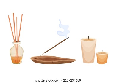Aroma stick on wooden incense burner with smoke, candles, joss in cartoon style isolated on white background . Aromatherapy and meditation, 