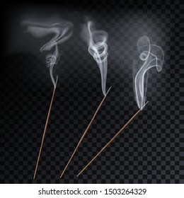 Aroma sticks incense with realistic smoke. Indian aromatherapy and meditation vector illustration.