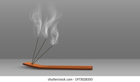 Aroma sticks incense with realistic smoke 3d vector illustration. Aroma stick on wooden stand isolated on transparent background. Aromatherapy and meditation