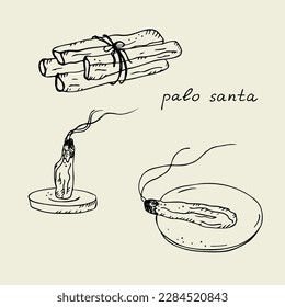 Aroma sticks of the sacred tree Palo Santo from Latin America. A bunch of incense and a burning stick for fumigation and aromatherapy. Mystical symbol for spiritual practice. Vector illustration 