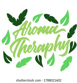 Aroma theraphy hand lettering logo design with leaf ornament. beautiful hand drawn type for print,sticker,etc. lettering vector design.