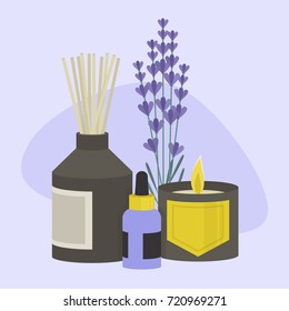 Aroma therapy set. A collection of home fragrances: aroma candle, sticks and oil / flat editable vector illustration, clip art